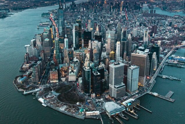 A view of New York City Manhattan from a helicopter ride at sunset