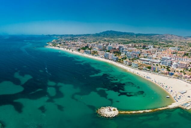 Aerial drone view of La Vila Joiosa Villajoyosa, near Alicante, Costa Blanca, Spain