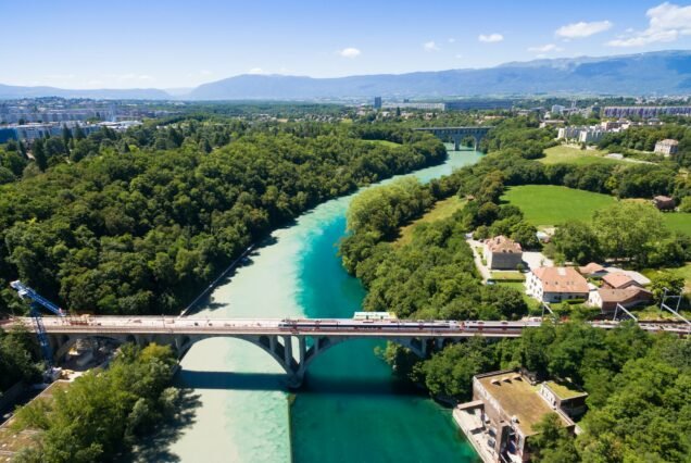 Aerial view of Arve an Rhone river confluent in Geneva Switzerl