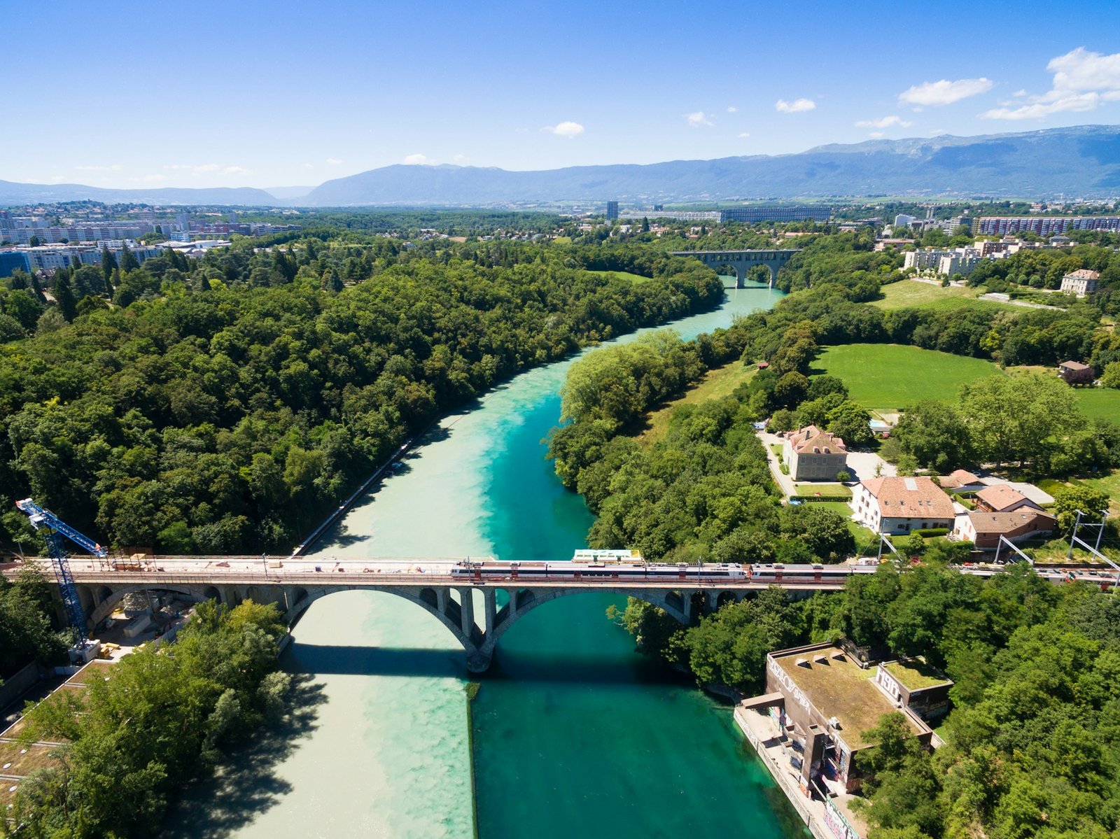 Aerial view of Arve an Rhone river confluent in Geneva Switzerl