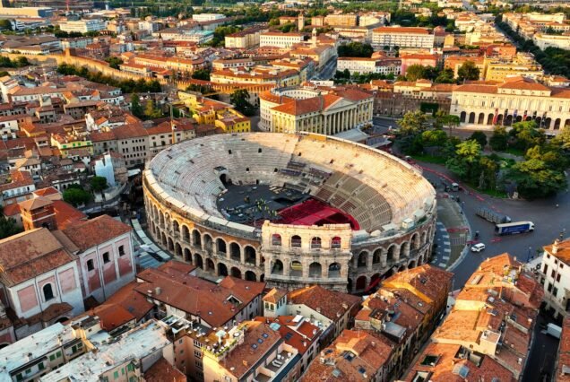 Aerial view of Verona Arena, Roman amphitheater in historic city center, Italy