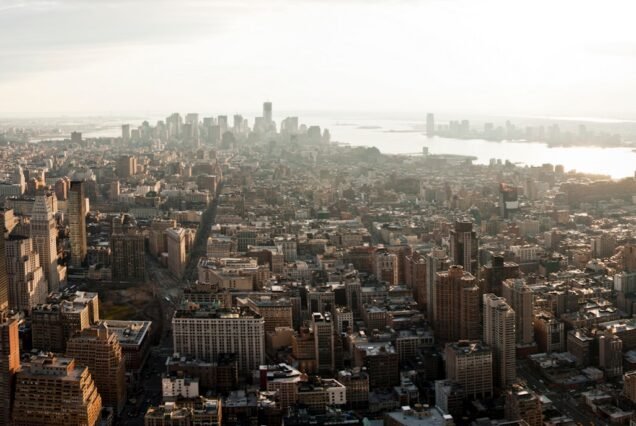 High angle view of Manhattan skyline, New York, USA