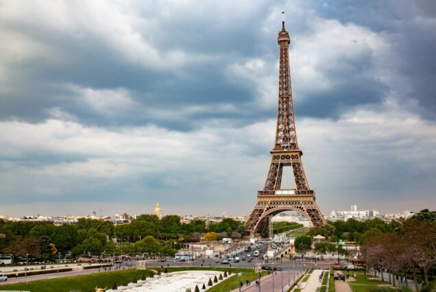 skyline of Paris with Eiffel Tower at sunset in Paris, France