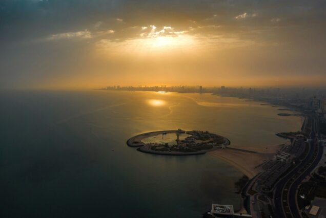 Aerial view of an island in Kuwait at sunset