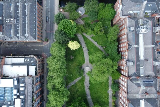 Aerial view of Canal Street, Manchester, the city's gay village, and Rochdale Canal.