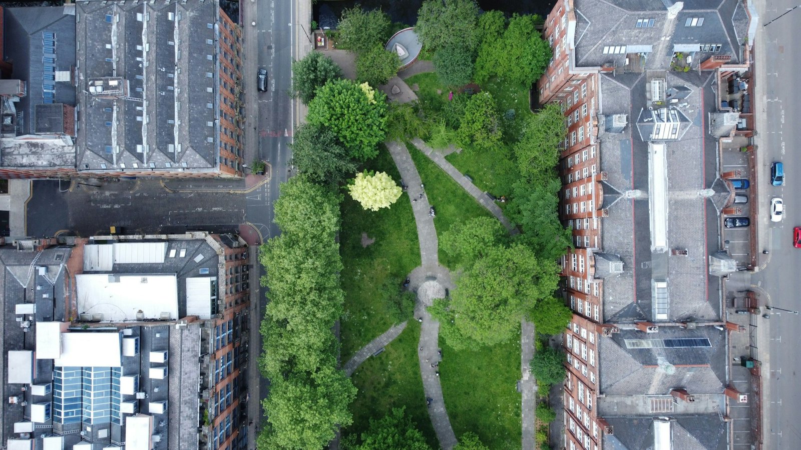 Aerial view of Canal Street, Manchester, the city's gay village, and Rochdale Canal.