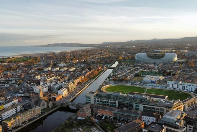 Aerial view of Dublin bay with with Aviva Stadium at Sunset