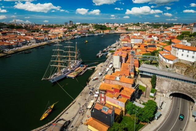 Aerial view of Porto city, Portugal, on sunset