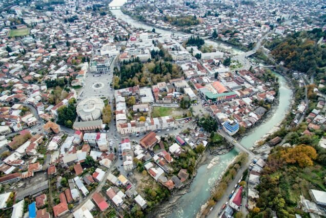 aerial view of the central part of Kutaisi with Rioni river