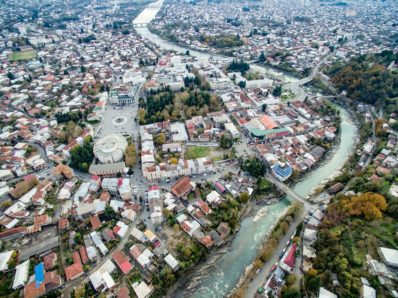 aerial view of the central part of Kutaisi with Rioni river