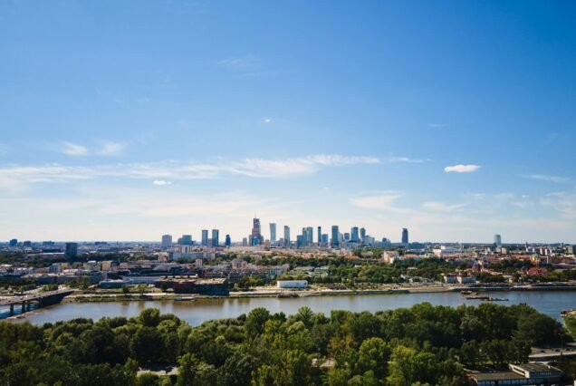 Aerial view of Warsaw cityscape with skyscrapers