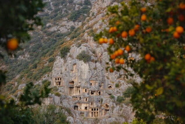 Archeological remains of the Lycian rock cut tombs in Myra, Turkey