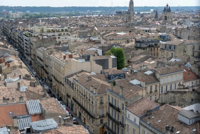 city streets of Bordeaux in France from above, above, aerial, aerial view,