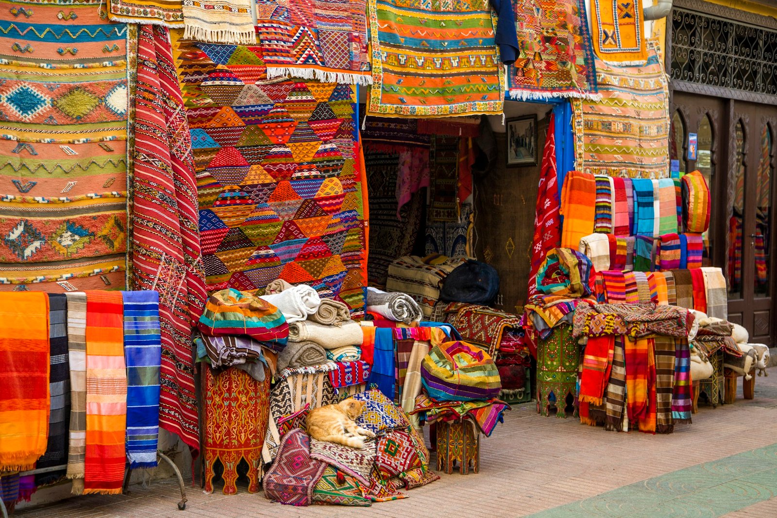 Colorful fabrics on the Agadir market in Morocco
