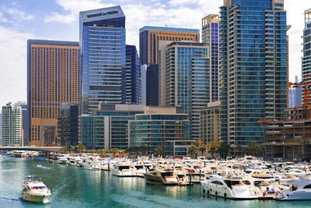 Dubai Marina skyscrapers and port in Dubai, United Arab Emirates