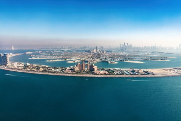 Dubai Palm Jumeirah island aerial view in United Arab Emirates