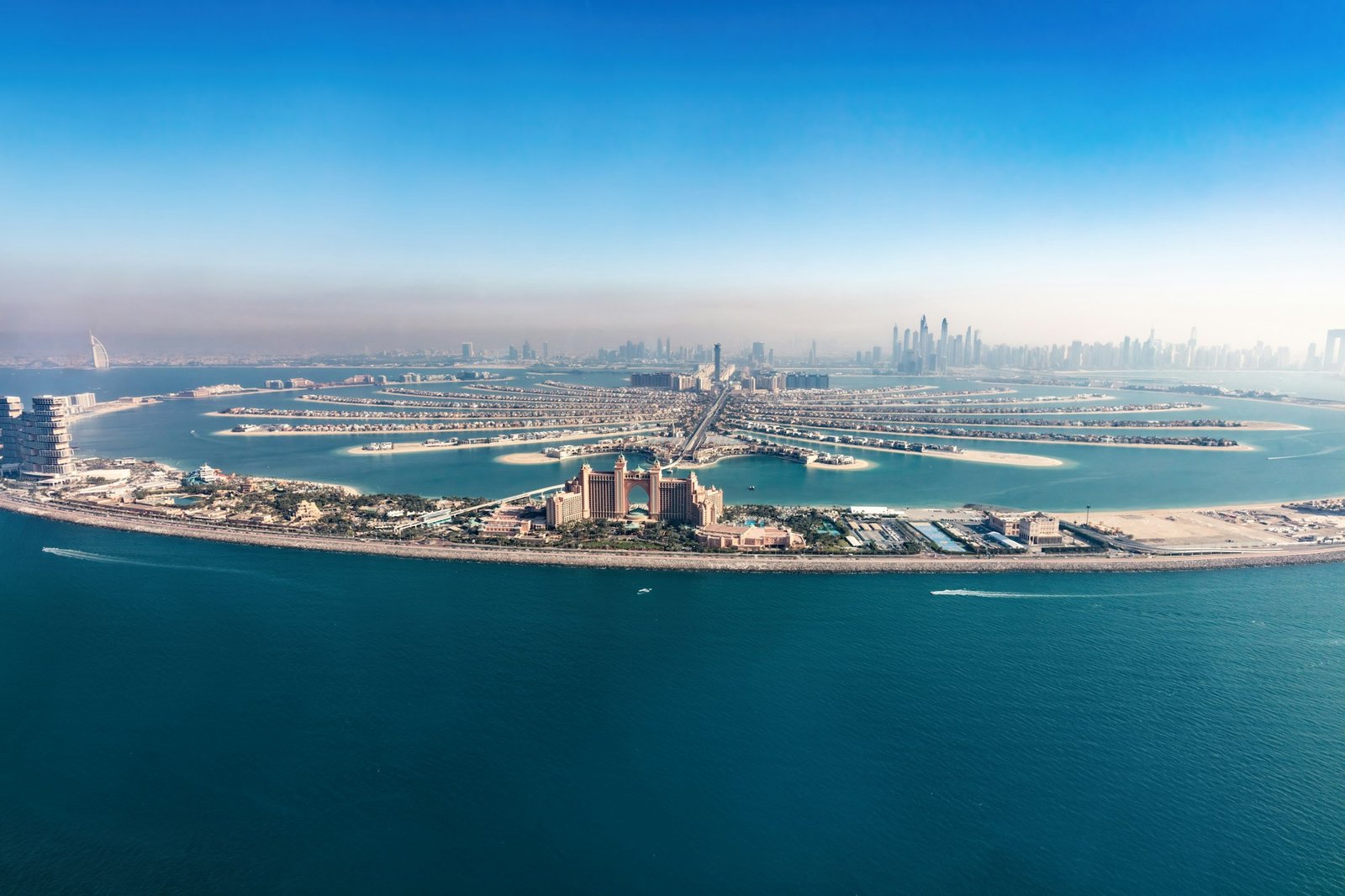 Dubai Palm Jumeirah island aerial view in United Arab Emirates