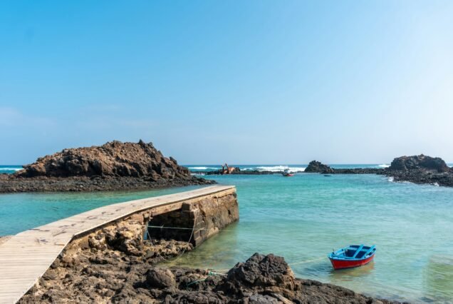 El Puertito wooden footbridge on the Isla de Lobos, the island of Fuerteventura