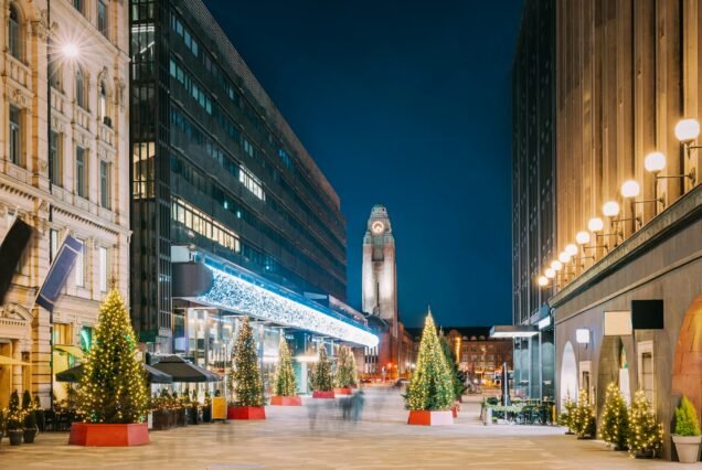 Helsinki, Finland. Night View Of Keskuskatu Street In Evening Christmas New Year Xmas Festive