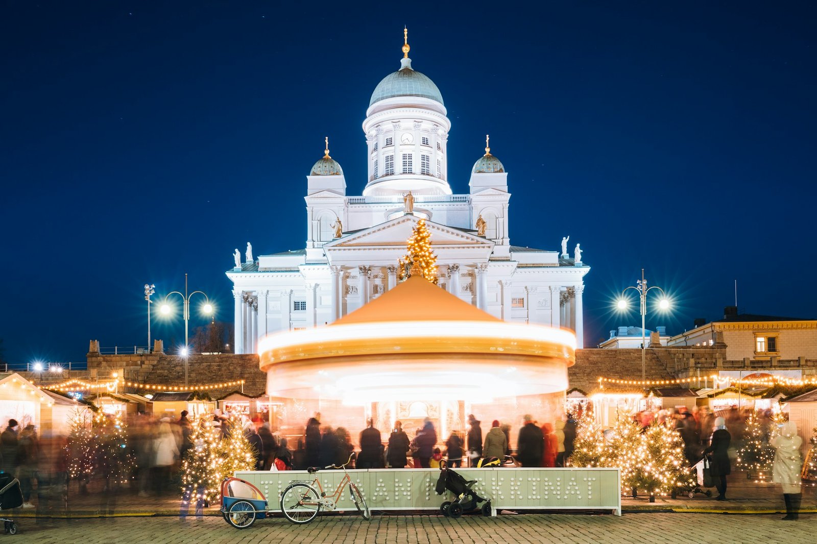 Helsinki, Finland. Xmas Market On Senate Square With Holiday Car