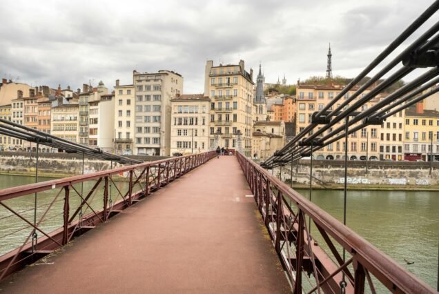 LYON, FRANCE-APRIL 7, 2019: the Passerelle Paul Couturier Bridge in the Saone River