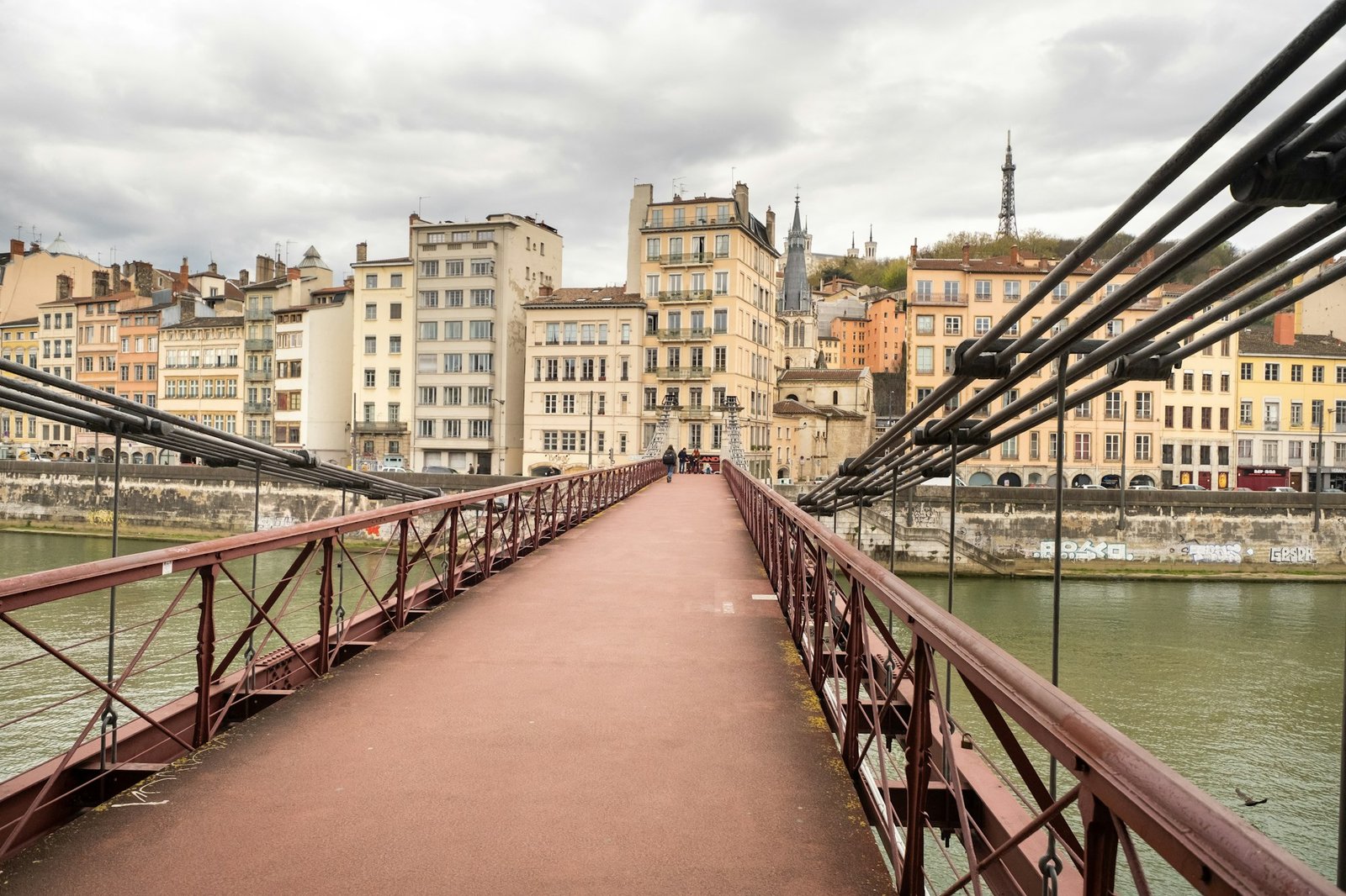 LYON, FRANCE-APRIL 7, 2019: the Passerelle Paul Couturier Bridge in the Saone River