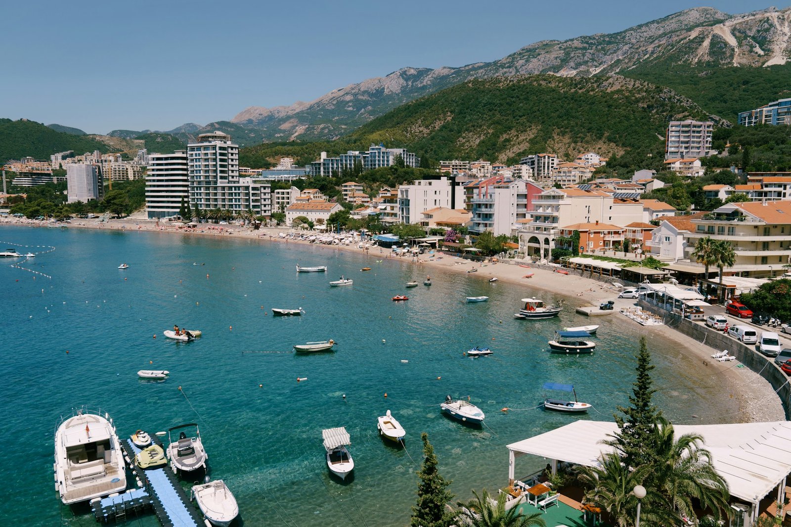 Motor boats are moored off the coast of the new part of Budva. Montenegro