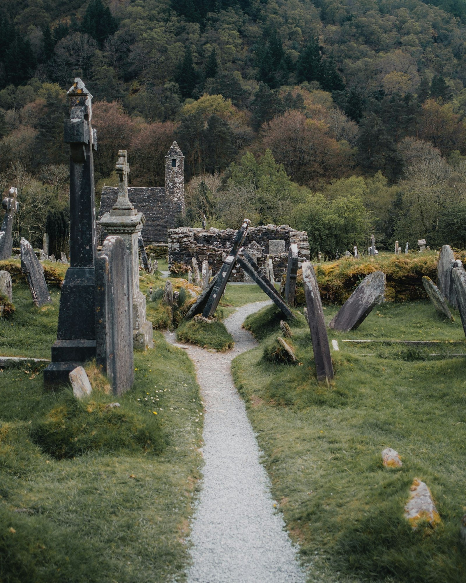 Old cemetery with a building in a dense forest in Dublin, Ireland