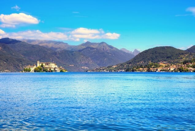 Orta Lake landscape. Orta San Giulio village and island Isola S.Giulio view, Italy