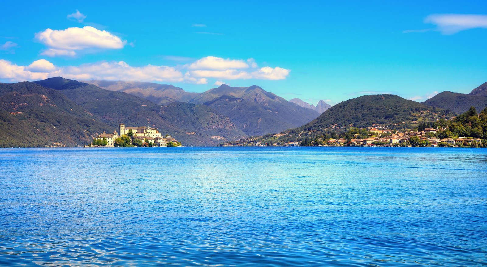 Orta Lake landscape. Orta San Giulio village and island Isola S.Giulio view, Italy