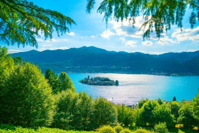 Orta Lake landscape. San Giulio island view from Sacro Monte. Italy