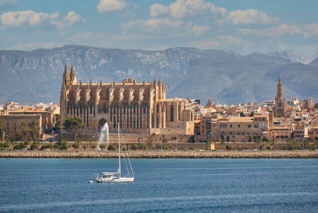 Palma de Mallorca gothic cathedral and mediterranean sea. Balearic islands