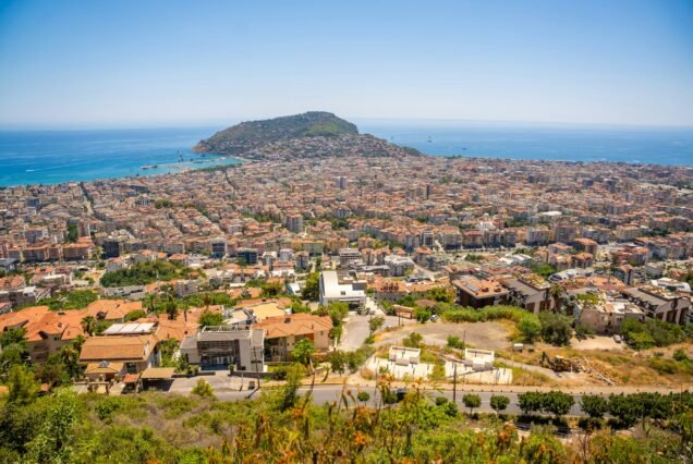 Panorama view of Alanya city from the hill in sunny day, Turkey