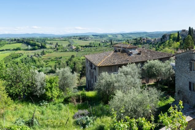 Panoramic beautiful rural landscape of Toscana. Green fields and meadows