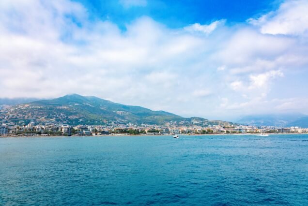 Panoramic view of Alanya coast. Landscape view of Mediterranean coast, Alanya, Turkey. Taken from