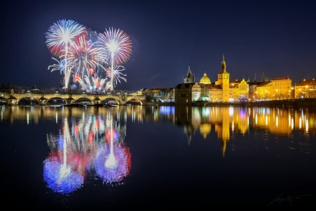 Prague fireworks near Charles Bridge, Prague, Czech republic