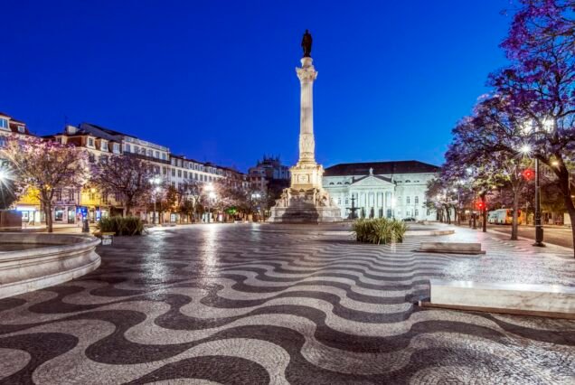 Rossio Square illuminated at night, Lisbon, Lisbon, Portugal