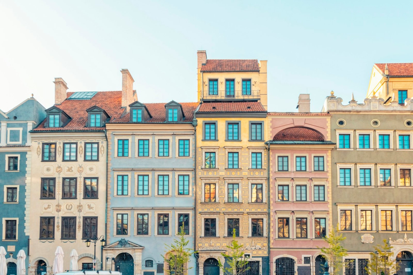 Rows of old colorful historic houses at Old Town Market Square, Warsaw, Poland