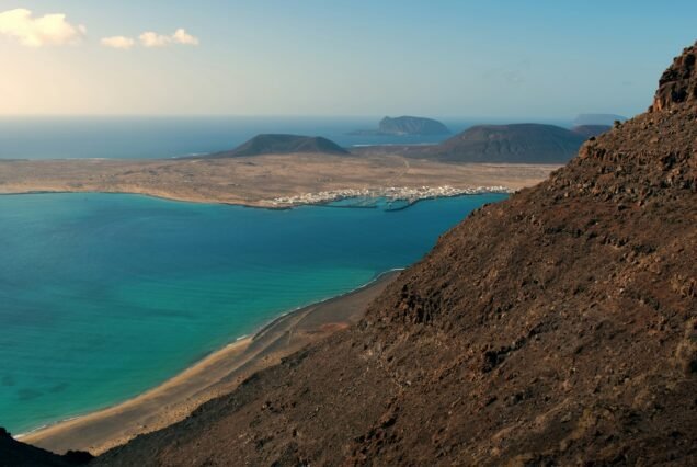 View from Mirador de Nahum on Playa del risco and Island La graciosa at Lanzerote, Canary Islands