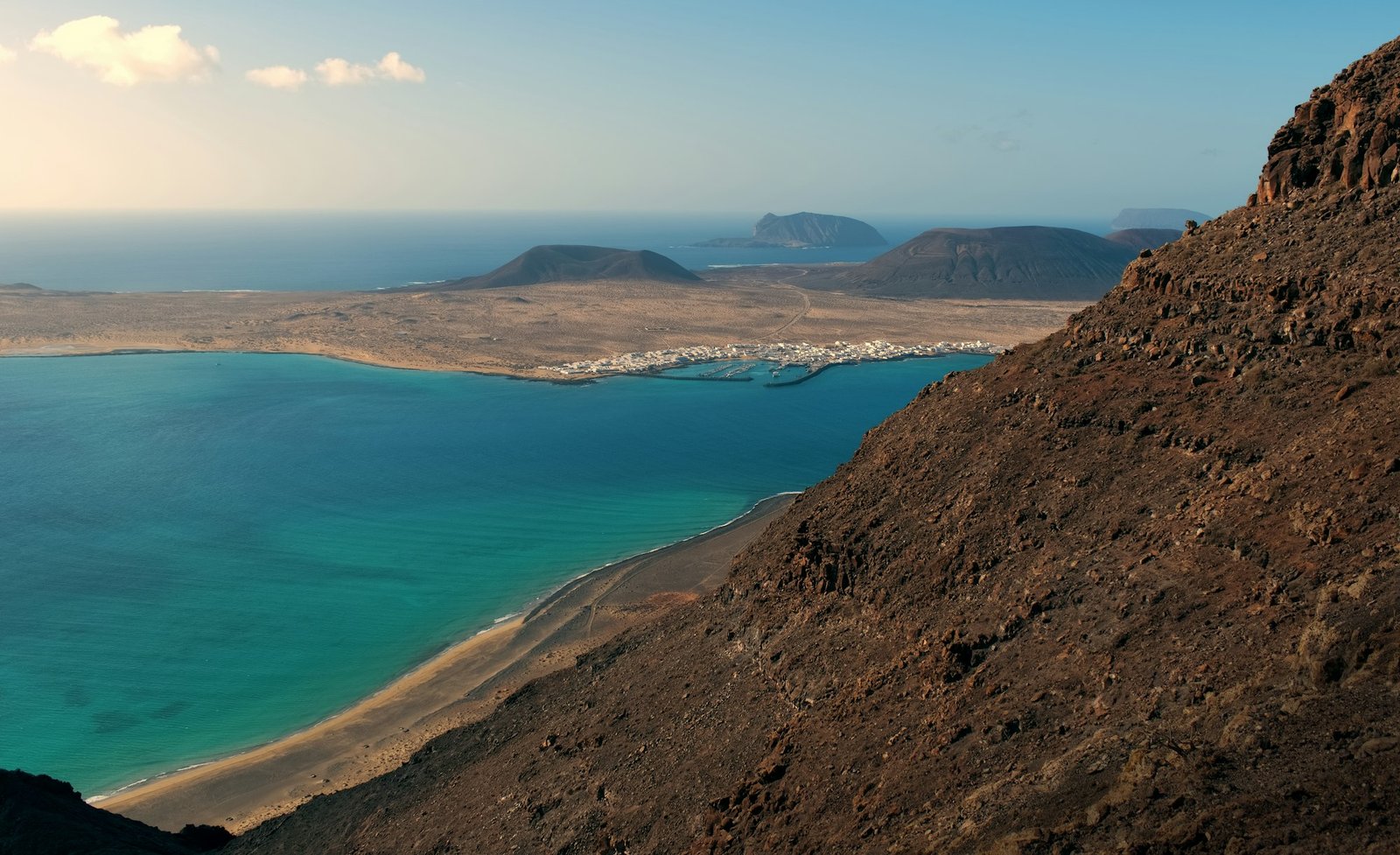 View from Mirador de Nahum on Playa del risco and Island La graciosa at Lanzerote, Canary Islands