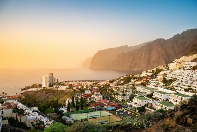 View of Los Gigantes resort town on Tenerife at sunset