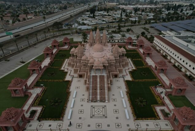 Aerial drone view of the historic Swaminarayan Akshardham temple in Delhi, India