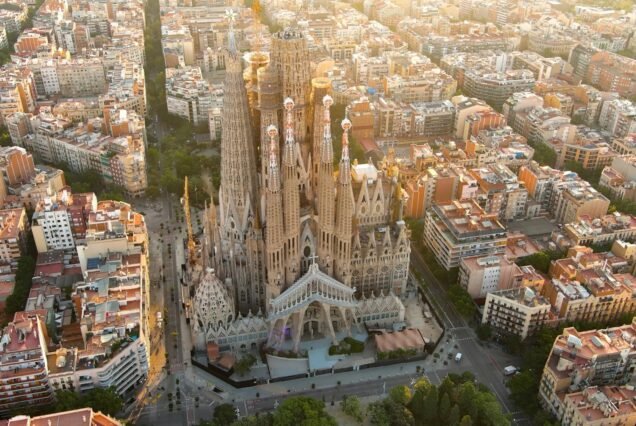 Aerial view of Barcelona City Skyline and Sagrada Familia Cathedral