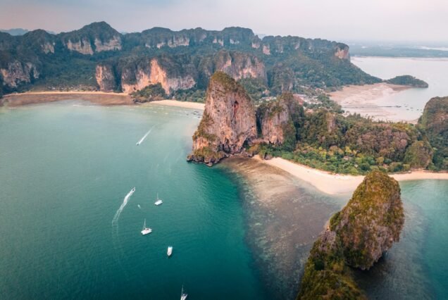 Aerial view of beach at sunset ,Railay beach, Krabi province