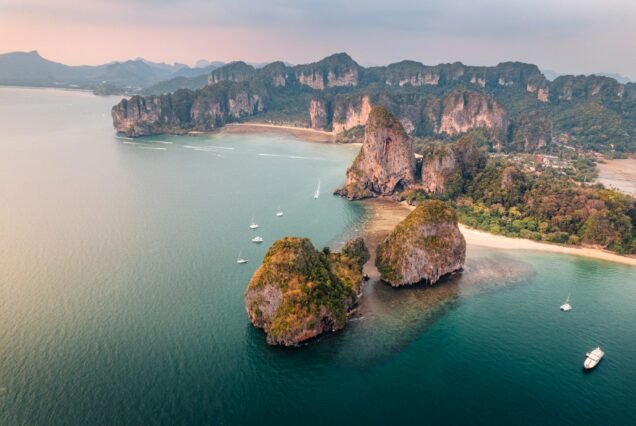 Aerial view of beach at sunset ,Railay beach, Krabi province