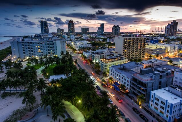 Aerial view of illuminated Ocean Drive and South beach, Miami, Florida, USA