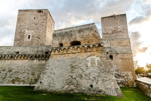 Bari, Italy - March 12, 2019: Panoramic view of the east corner of Castello Svevo di Bari