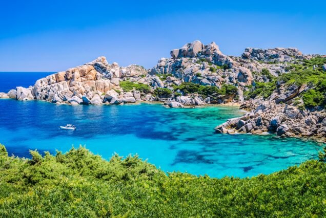 Bizarre granite rock and azure bay in Capo Testa, Sardinia, Italy