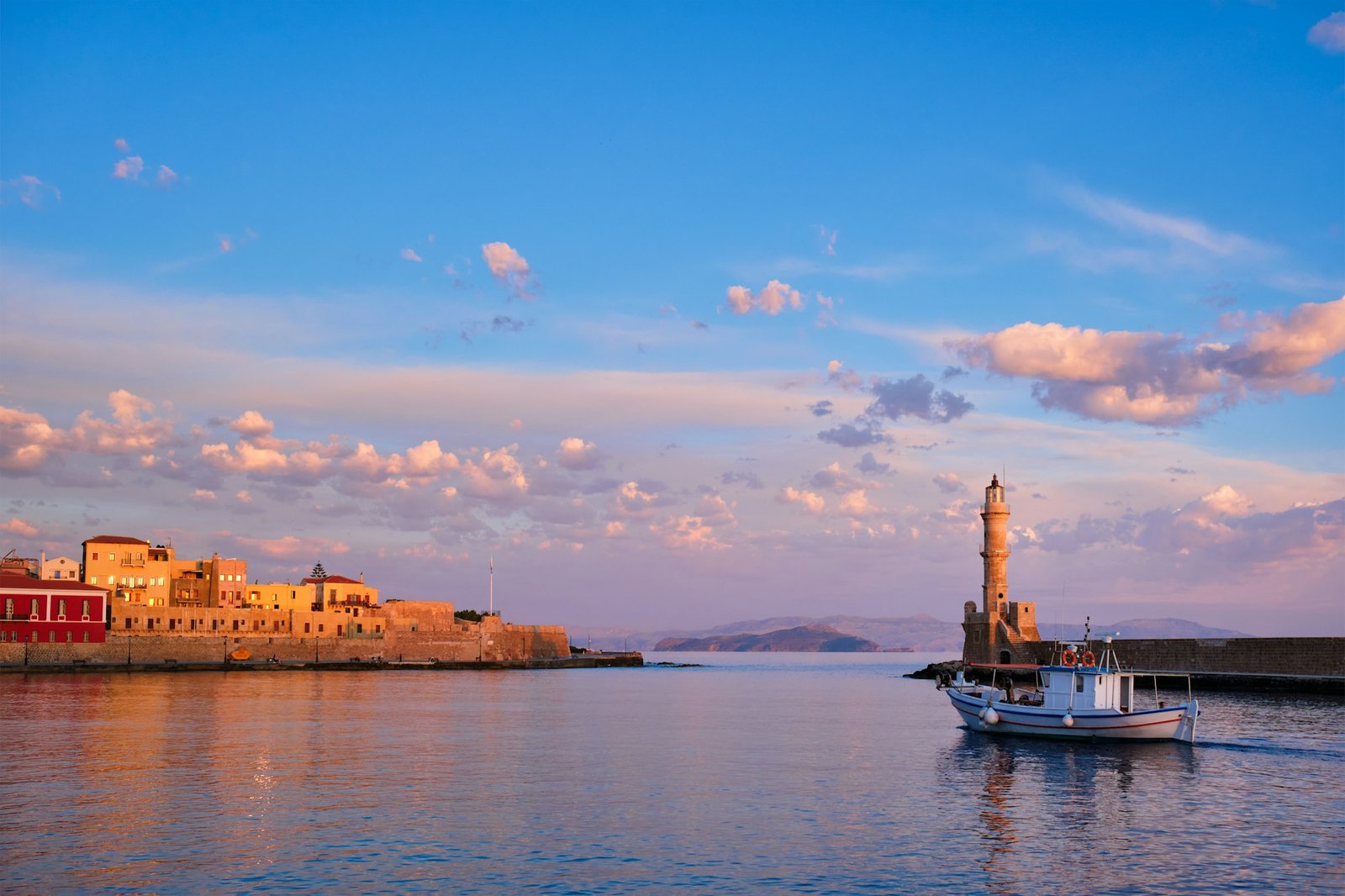 Boat in picturesque old port of Chania, Crete island. Greece