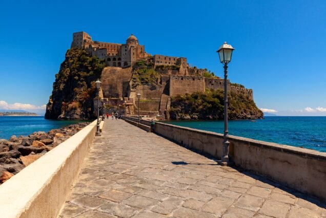 Historic Aragonese Castle on Ischia island, Italy, on a hot summer day